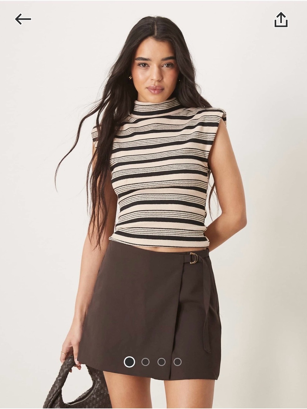 High neck shoulder pad tank in camel & black stripe